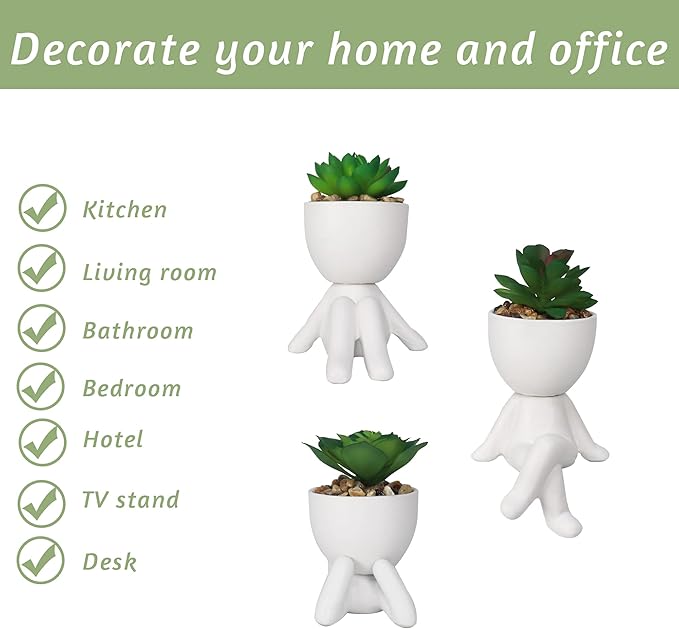 Zerzsy 3 Pack Artificial Succulent Plants for Office Desk, Fake Plants with Ceramics Human Shaped Pots,Cute Fake Succulents Pots for Bedroom/Room/Cubicle/Bookshelf Decor (Ceramic White)