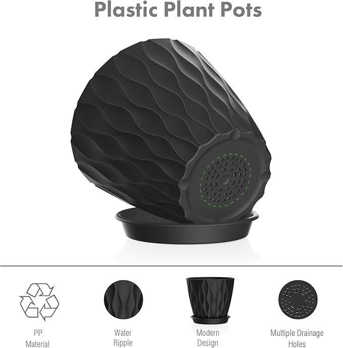 Meowell 6 inch Plant Pots, 5 Pack Flower Pots for Indoor Outdoor Plants, Water Ripples Plastic Planters with Drainage Holes and Saucers, Nursery Pots for Small Succulent Garden House Plants, Black