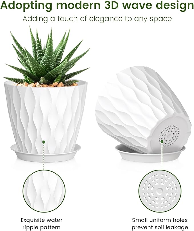 Meowell 5 inch Plant Pots for Indoor Outdoor Plants, 6 Pack Thick Nursery Pots with Drainage Holes and Saucers, 3D Modern Wave Texture Small Plastic Planter Flower Pots, Multicolor