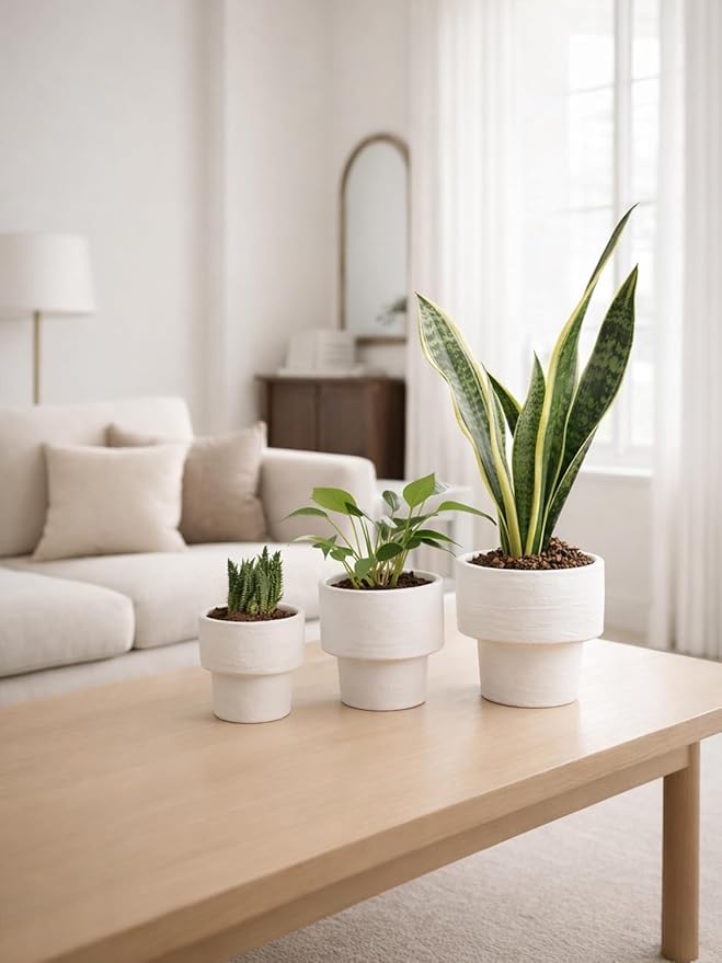 INGOFIN Ceramic Planter Pot Set of 3, 4/5/6 Inch Indoor Decorative Cachepot for Pothos & Succulents, No Drainage Hole, Modern Architectural Plant Display for Contemporary Home Decor, Sandblasted White