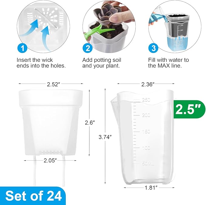 24 Pack 2.5" Small Self Watering Pots for Indoor Plants, Clear Plant Pots with Drainage & Water Level, Semi Hydroponic Pots for Propagation, African Violet, Cutting and Succulents