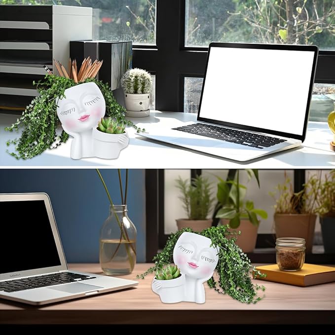 Lady Face Resin Planter Pot - Dual Planting Spaces & Drainage Holes, Indoor/Outdoor Decor for Succulents/Cactus - Unique Gift for Plant Lovers (White)
