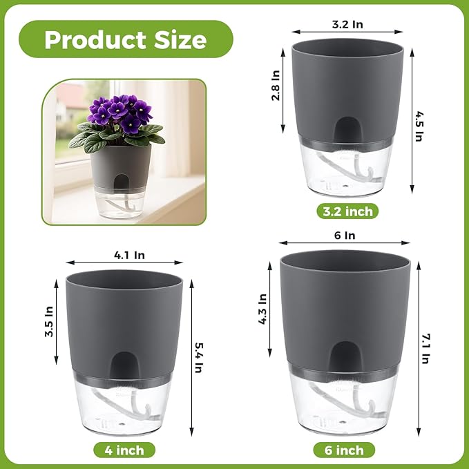 12 Pack Self Watering Pots for Indoor Plants, PlanterHoma 3.2 Inch Plant Pot Plastic Self Watering Planter for Orchid, African Violet, Mini Clear Flower Pots with Drainage Holes and Wicking Rope, Grey