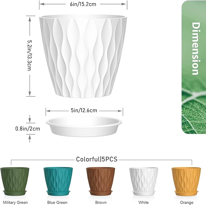 Meowell 6 inch Plant Pots, 5Pack Water Ripple Flower Pots for Indoor Outdoor Plants, Plastic Planters with Drainage Holes and Saucers, Nursery Pots for Small Succulent Garden House Plants, Multicolor