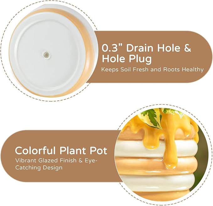 Bee Decor Hanging Planter: 6x4 Inch Opening Cute Flower Pot with Drainage - Ceramic Honey Plant Pot for Indoor Outdoor Garden Kitchen Bathroom