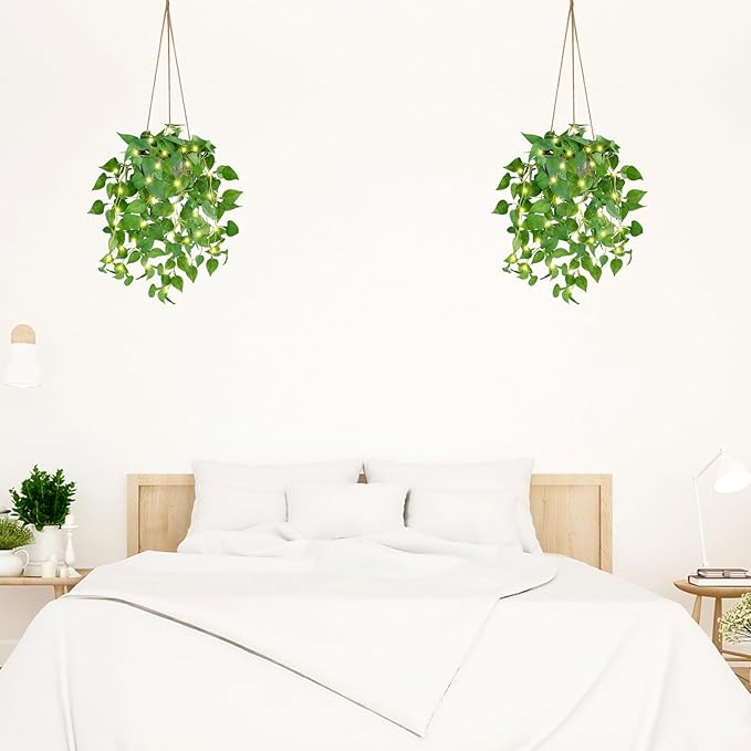 TNNTOPELE 2 Pack Hanging Plant Fake Hanging Plants with LED Lights, Artificial Hanging Plant with Pots, Artificial Plants for Home Decor Wall Indoor Outdoor Office Decor