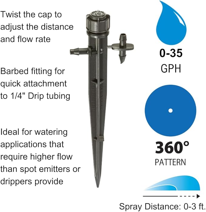 Rain Bird MUF-SPK4S Drip Irrigation Micro-Umbrella Bubbler on Stake, 360° Full Circle Pattern, 0-3' Spray Distance, 4-Pack