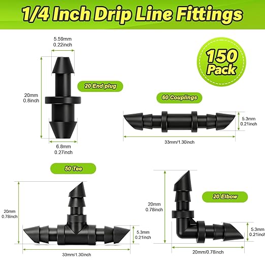 150 Pack 120 Pieces Drip Irrigation Fittings Kit for 1/4" Tubing, Drip Line Barbed Connectors for 1/4 Inch Drip Irrigation Tubing Includes 60 Couplings 50Tees 20 Elbows 20 Plugs