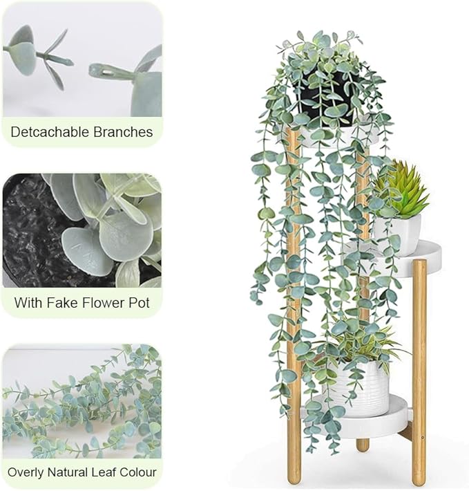 Artificial Hanging Plants, 2 Pack Fake With Pot, Eucalyptus, Indoor Faux Drooping, Potted for Office Desk Living Room Balcony