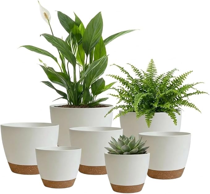 LIFFY Plant Pots, 8,7.5,7,6.5,6,5.5,5 Inch Plastic Self Watering Planters with Drainage Holes & Saucers, 7-Pack White Nursery Planting Pot with Deep Reservoir for Indoor Outdoor Plants