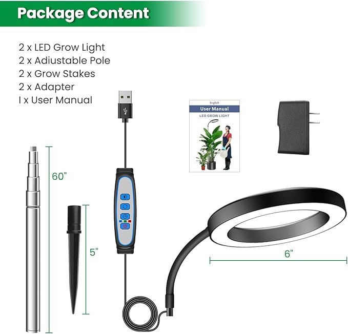 Garpsen Grow Light, Full Spectrum Plant Lights for Indoor Growing with Gooseneck (No Base), 3 Colors Modes and 5 Dimmable Levels, 6/12/16H Timer, 65'' Height Grow Lamp for Large Plants-[2Pack]