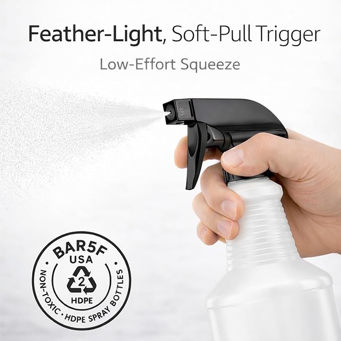 Bar5F Chemical-Resistant Spray Bottle – BPA-Free, Durable, Adjustable Nozzle for Cleaning, Gardening, Hydrogen Peroxide, Rubbing Alcohol, Leak-Proof, Multipurpose (Black (2-Pack) 24-Ounce)