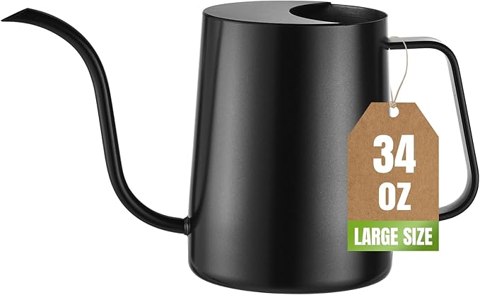 34oz/1000ml Watering Can Indoor Plants with Long Spout, Plant Watering Can for Ergonomic Handle, Rust-Resistant & Durable 304 Stainless Steel, Office & Home (Black)