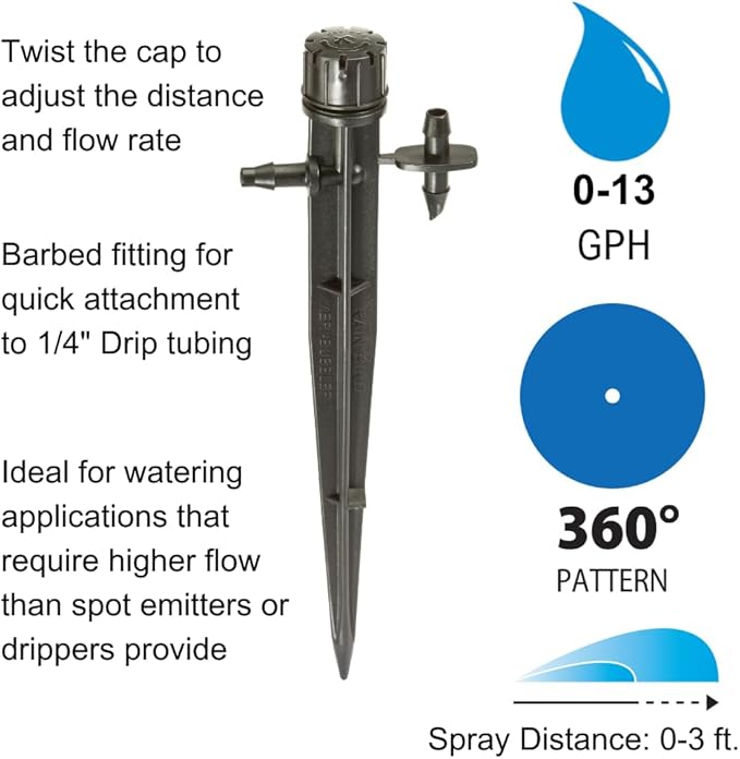 Rain Bird MBF4PKS Drip Irrigation Micro-Bubbler on Stake, 360° Full Circle Pattern, 0-3' Spray Distance, 4-Pack