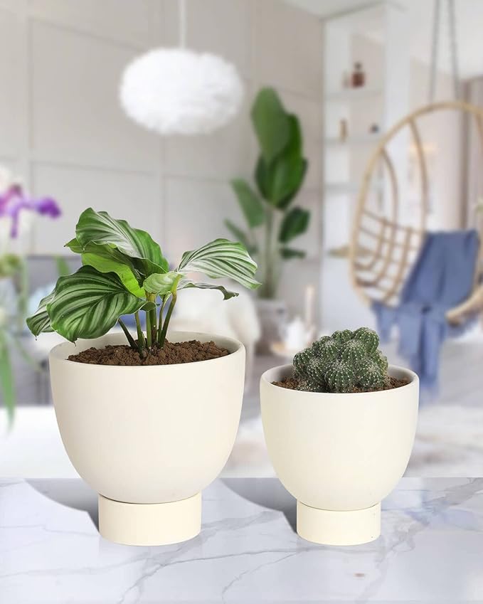 vensovo White Terracotta Self Watering Plant Pot - 2 PCS 6 Inch & 8 Terra Cotta with Drainage Hole and Saucer, Small & Large Clay Flower Pot with Tray, Plant Pot for Indoor Outdoor