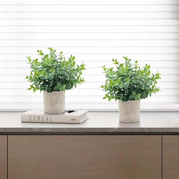 2 Pack Small Fake Plants Eucalyptus Potted Artificial Plants for Home Bathroom Farmhouse Room Coffee Table Decor（Green）