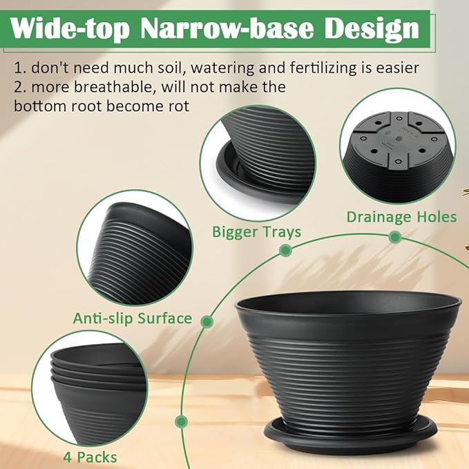 RooTrimmer 4 Pack 12 Inch Plant Pots with Saucers, Plastic Flower Pots with Drainage Holes, Large Planters for Indoor Outdoor Garden, House Plants, Flowers, Herbs, Gardening Gifts, Black