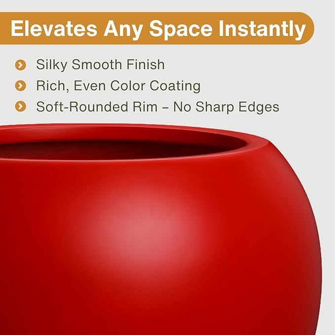 KUTE NEST 12.8"H x 16"D Premium Red Fiberstone Round Planter with Drainage Hole, Chinese & Lunar New Year Home Decor Pot, Smooth Finish, Weather Resistant Indoor & Outdoor, 2 Coco Mats (10.7" Opening)