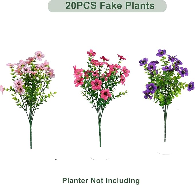 trytuny Artificial Flowers for Outdoor, UV Resistant Fake Silk Flowers, Realistic Faux Plants for Outside Indoor Porch Patio Window Box Planter Home Decor (20, Purple Rosy Pink)