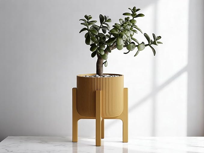 Modern Geometric Planter with Stand – Decorative Indoor Plant Pot with Ridged Top & Smooth Bottom, Stylish Planter for Succulents, Herbs, Small Plants (Gold - Ridges only and Stand)