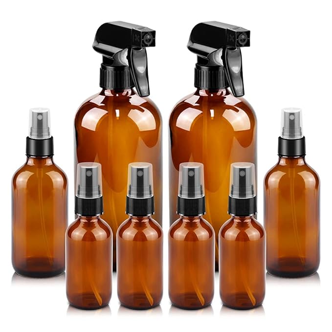 Worldgsb Glass Spray Bottles, 16oz*2+4oz*2+2oz*4 Refillable Containers, Empty Boston Round Bottles with Adjustable Nozzle for Cleaning, Gardening, Aromatherapy, Pets, Plant, Hair -Amber