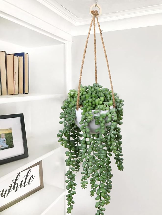 plants Fake Hanging with Pot, 14'' Faux String of Pearls Succulent Greenery Artificial Hanging for Indoor Home Office Farmhouse Bathroom Wall Shelf Decor - Dusty Green