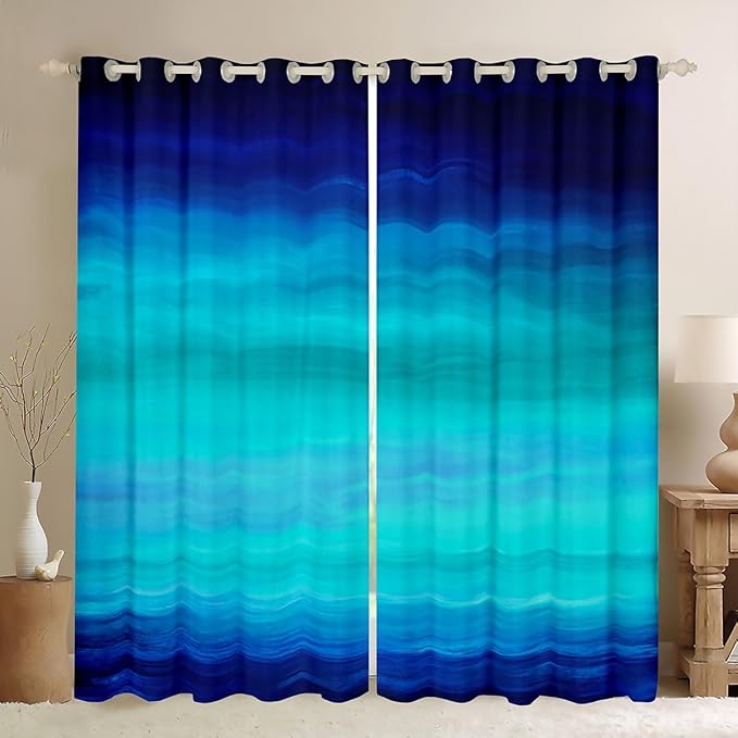 Feelyou Navy Blue Ocean Curtains Bedroom Living Room Abstract Turquoise Teal Ombre Blackout Curtain Boys Tropical Beach Darkening Drapes Window Treatments (2 Panels, 52 x 90 Inch)