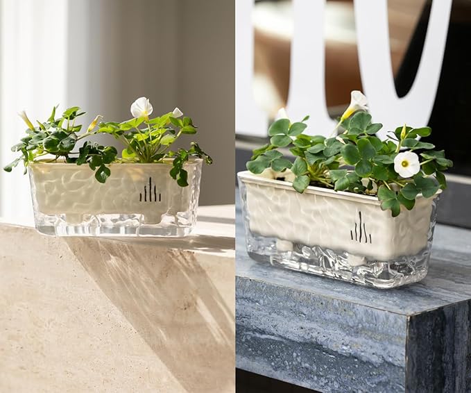 3 Pack Self Watering Rectangular Plant Pots, 11" x 5"x 5" Plant Containers with Drainage Holes, Rectangle Houseplant Window Planters for Succulents, Flowers,Herbs,Vegetables (Off-White)
