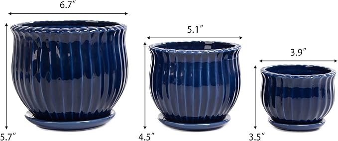 Ceramic Flower Pots, Ceramic Planters with Drainage Hole and Saucer, Modern Round Ceramic Succulent Plant Pots with Stripe Texture, Small to Medium Sized, Set of 3, Navy Blue