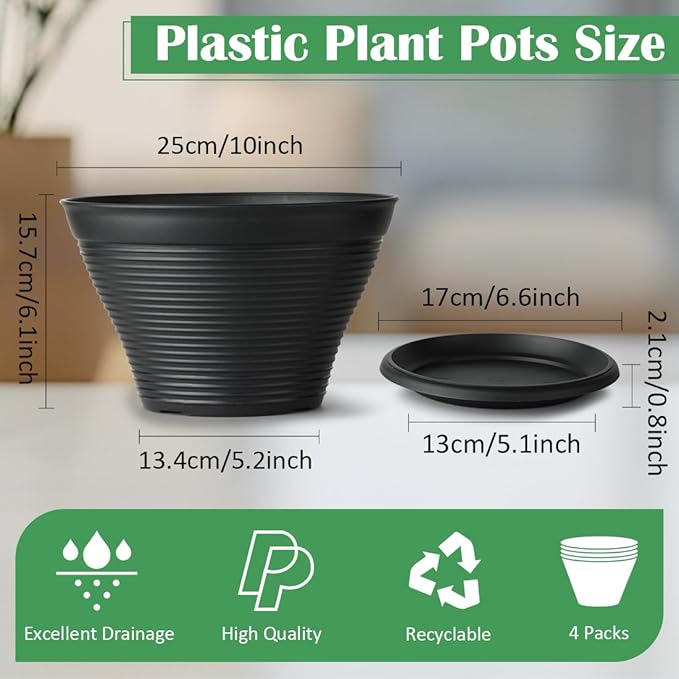 RooTrimmer 5 Pack 10 Inch Plant Pots with Saucers, Plastic Flower Pots with Drainage Holes, Large Planters for Indoor Outdoor Garden, House Plants, Flowers, Herbs, Gardening Gifts, Black