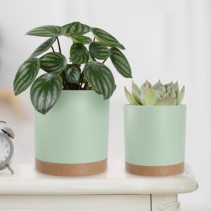 YNNICO Plant Pots with Drainage Holes and Saucers – 7, 6.5, 6, 5, 4 Inch Plastic Planters for Indoor Outdoor Plants, Modern Matte Finish, Lightweight & Durable（Green）