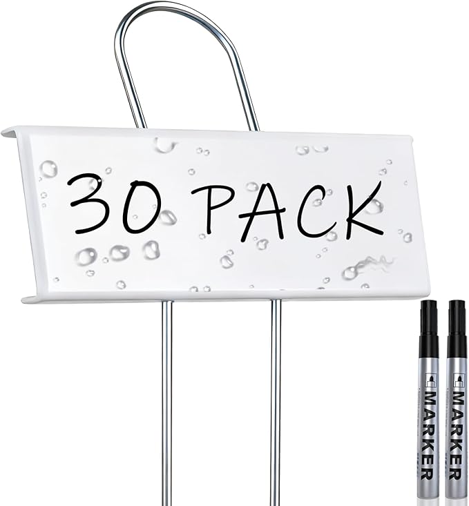 30-Pack Rust-Proof Metal Plant Labels with Galvanized Stakes, Height 10.6" Label Area 3.5"x1.2", Waterproof Weatherproof Garden Markers, Reusable Tags with 2 Pens (White)