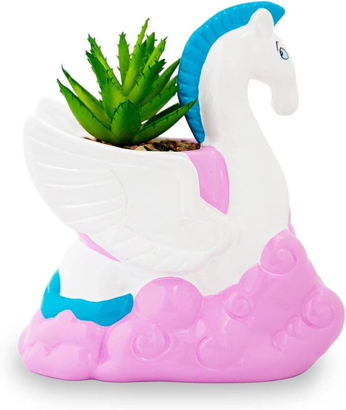 Silver Buffalo Disney Hercules Pegasus 3-Inch Ceramic Mini Planter with Artificial Succulent | Small Flower Pot, Faux Indoor Plants for Desk Shelf, Home Decor