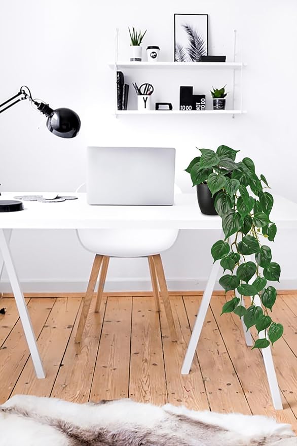 GnFlus Fake Ivy Plant with Pot Artificial Pothos Leaves Featuring a White Frosted Finish for Home Shelf Decor Indoor Silk Artificial Realistic Plant Large