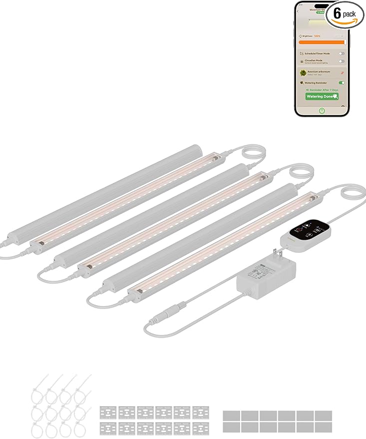 GLOWRIUM Smart Grow Lights for Indoor Plants with APP, Full Spectrum Grow Lights for Seed Starting, G6 Plant Light Strip with auto Timer, 3 Angle dimming Levels for Plant Shelf, 6-Pack (White, 48W)