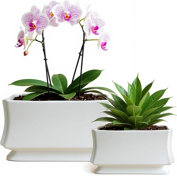 OXART Plant Pots, 11.8+9 inch Ceramic Planter, Indoor Pots Set with Drainage Holes, Flower Pot Rectangle Planters Pots with Hole Mesh Pad, Gifts for Mom, Decorative Ceramic Pots for Plants (White-4)