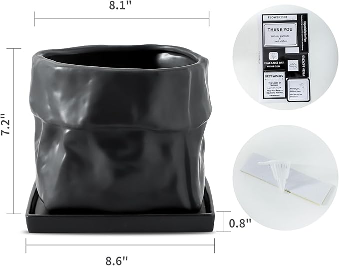 Nihow Ceramic Plant Pot: 8 Inch Planter with Drainage Hole & Square Saucer for Herbs/Plants, Bag Shape Design Flower Pot for Indoor & Outdoor Garden Decor - Black