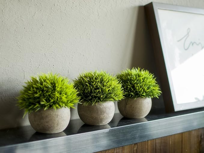 Opps Mini Artificial Plants Plastic Fake Green Grass Topiary Shrubs with Gray Pot for Home Décor – Set of 3