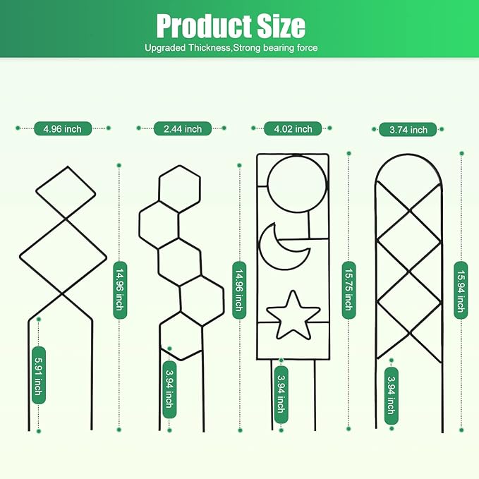 Wellsign Plant Trellis for Climbing Plants Indoor, 15.94Inch Small Garden Metal Houseplant Trellis for Potted Plants Outdoor with 4 Patterns for Vine Ivy Flower Plant Support Lover Gifts Lattice