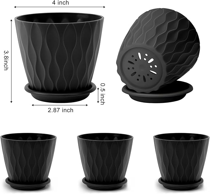 YNNICO 4 inch Plant Pots, 5 Pack Flower Pots Outdoor Indoor, Planters with Drainage Holes and Tray Saucers(Black)
