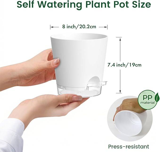 Meowell 8 inch Self Watering Pots for Indoor Outdoor Plants, 2 Pack Flower Plant Pots with Drainage Holes & Clear Reservoir for Visible Water Level, Plastic Wicking Planters for House Plants, White