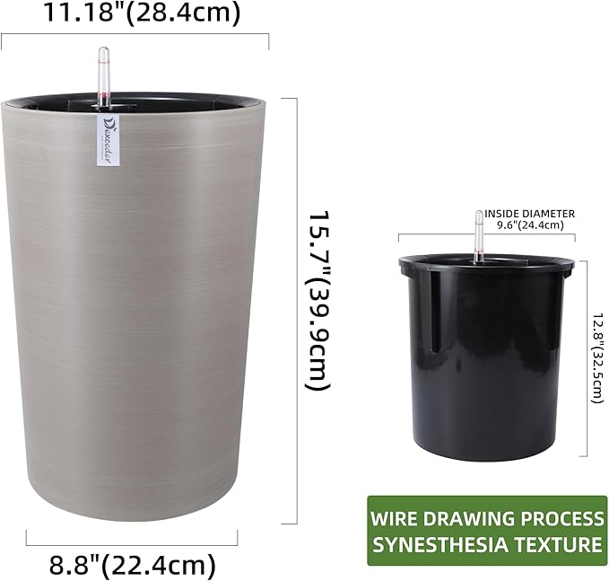 Dexceder 16x12 Tall Self Watering Planter High Cylinder Indoor Outdoor, Thickened Large Floor Standing Flower Plant Pot with Water Level Indicator (Coffee, Wire Drawing)