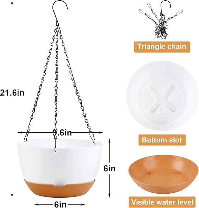 KPUVX 10 inch Hanging Planters Self Watering Pots for Indoor Plants, 3 Pack Plastic Hanging Basket with Removable Tray for Home Garden Porch Balcony Patio Decor (White)