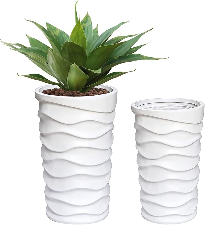 LuxenHome Tall Planters for Outdoor Plants, Set of 2 Indoor Outdoor Garden Plant Pots with Drainage Hole and Rubber Plug, Modern White Waves Flower Pot Concrete Planters for Home Garden Patio Porch