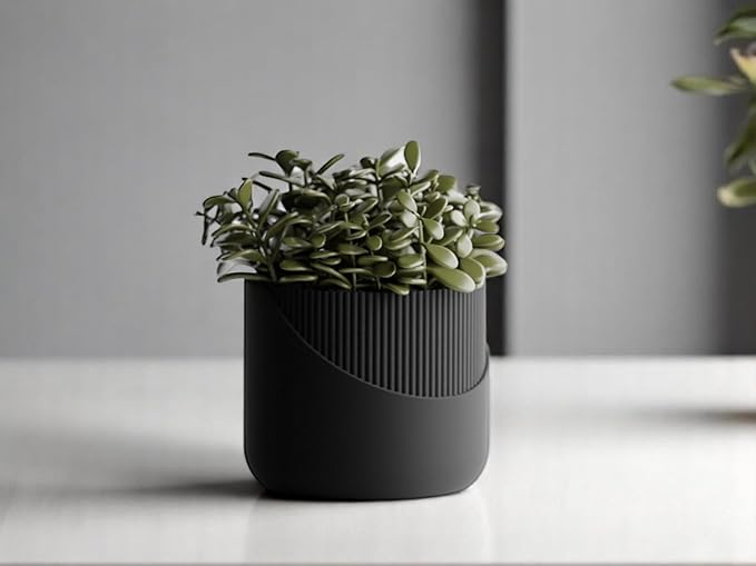 Modern Geometric Planter with Stand – Decorative Indoor Plant Pot with Ridged Top & Smooth Bottom, Stylish Planter for Succulents, Herbs, Small Plants (Black - Smooth Body with Ridges and Stand)