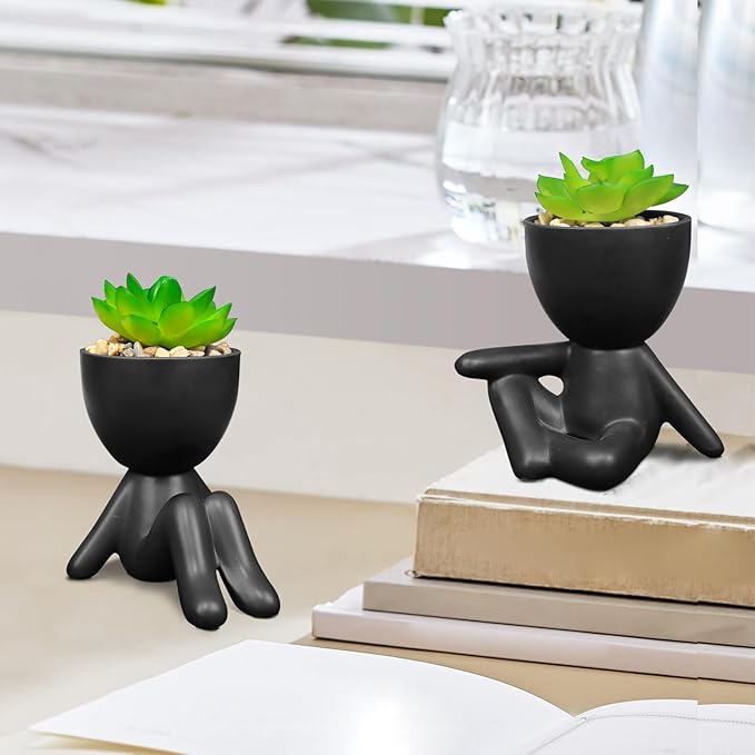 Pack of 4 Black Cute Fake Plants, Artificial Succulent Plants with Creative Human Shaped Pots,Mini Potted Desk Plants for Office Bathroom Shelf Cubicle Home Decor (Matte Black)