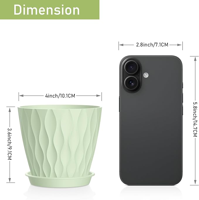 UOUZ 4 Inch Small Pots for Plants, 6 Pack Waffle Texture Small Plant Pots for Succulents, Plastic Planter with Drainage Holes and Saucers for Indoor Outdoor Plants, Flowers, Herbs, Seedlings, Green