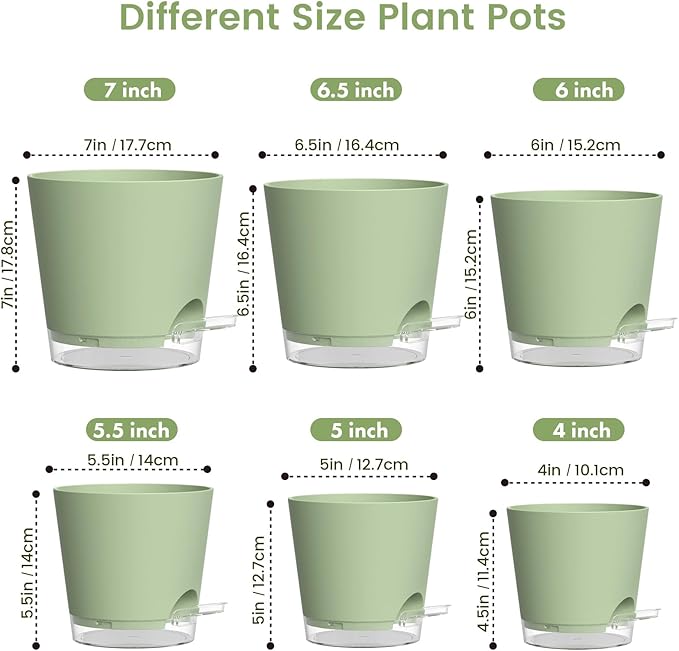 Meowell Self Watering Pots Pack of 6 – Different Size 4" to 7" Indoor Plant Pots with Drainage Holes and Clear Reservoir for Visible Water Level, Plastic Wicking Planters for House Plants, Green