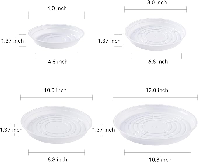 TRUEDAYS 20 Pack White Plant Saucers – 4 Sizes (6"/8"/10"/12") Plastic Flower Pot Trays for Indoor & Outdoor Plants, Drip Trays to Protect Floors & Surfaces