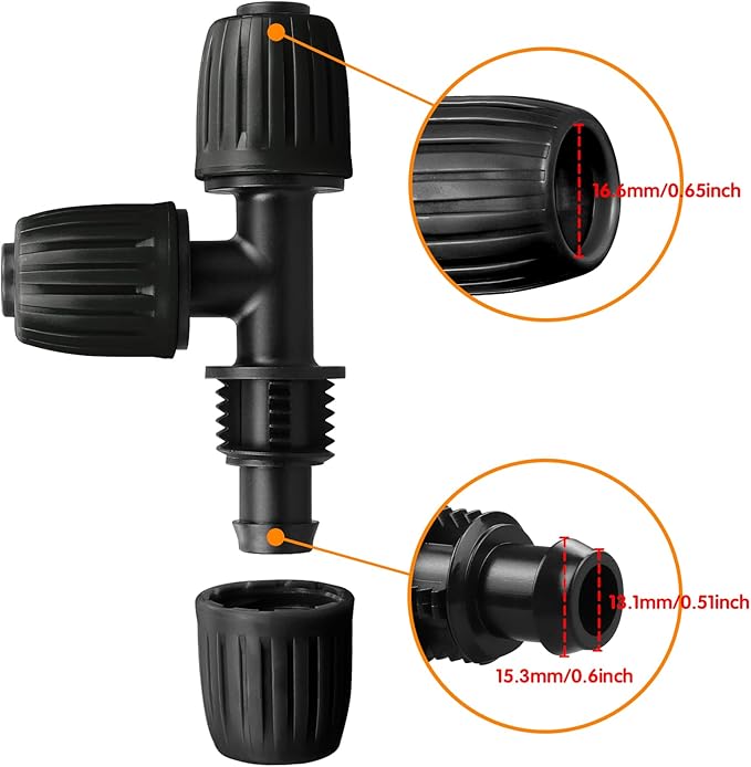 Drip Irrigation Fittings for 1/2 Inch Drip Tubing (1/2" ID x 0.65" OD), 10 Pcs 1/2'' Drip Line Tees Anti-Drop Locked Nut Barbed Tee Connectors Garden Irrigation Parts for Drip Systems